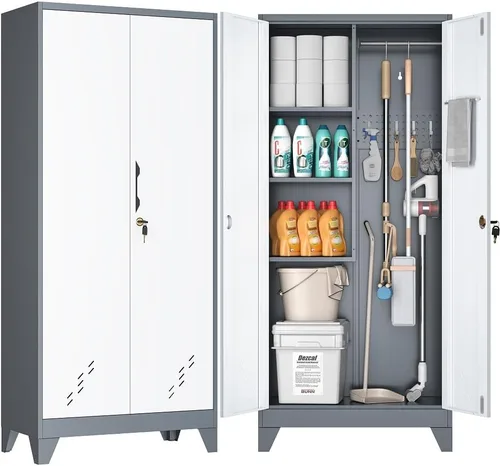 Vista 9 de OSEILLC Armario de Almacenamiento de Metal con Puertas con Cerradura, 61" de Alto para Garaje con Barra Colgante, Armario Escobero, Gabinete
