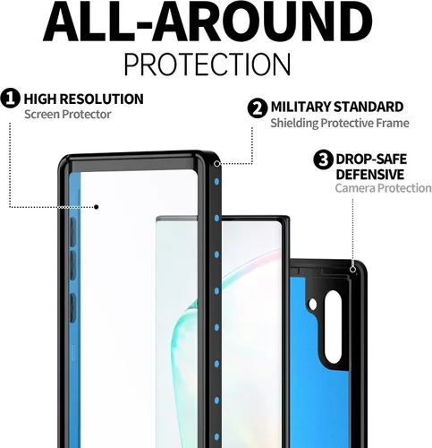 Vista 5 de BEASTEK Funda impermeable para Galaxy Note 10 Serie NRE a prueba de golpes con certificado IP68 con protector de pantalla incorporado Cubierta Azul