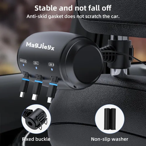 Vista 3 de MAGJIEYX Caja de Estación de Carga Retractable Multi para Coche, 3 en 1, Soporte de Carga Rápida para Reposacabezas, Cable de Carga USB Tipo C