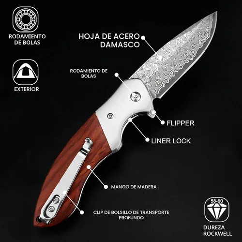 Vista 3 de KOMWERO Cuchillo de bolsillo de damasco, afilado núcleo de acero de Damasco VG10 Hoja DMJN Wood Handle, Folding Knife for Men Women, Pocket Clip