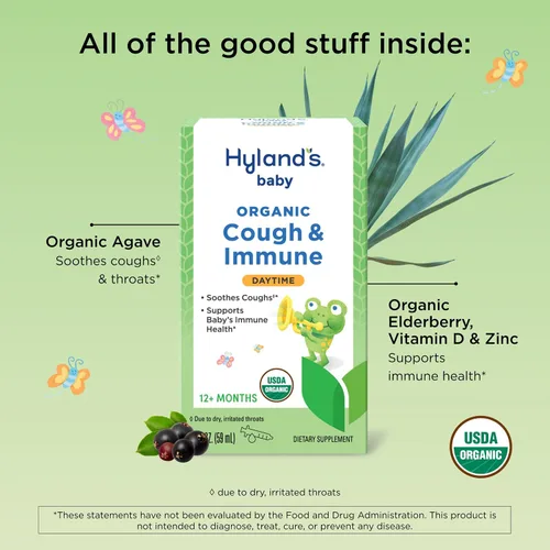 Vista 3 de Hyland's Jarabe orgánico para la tos y apoyo inmunológico para bebés con agave, saúco y granada, alivia la tos y apoya la inmunidad, durante el día