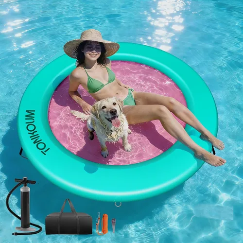 Vista 10 de Water Hammock Inflatable Dock, 3.8ft/6ft/8ft Floating Raft Circular Water Island, Float Rings Air Mesh Platform for Lake/River/Swim Pool