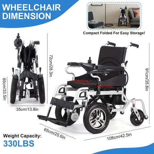 Vista 4 de Silla de ruedas eléctrica ligera, sillas de ruedas eléctricas plegables para adultos, silla de ruedas motorizada de 500 W con motores duales
