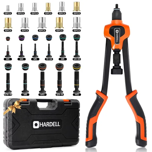 Vista 8 de HARDELL Kit de herramientas de tuerca de remache, kit de herramientas de tuerca remachadora de 14 pulgadas con 80 tuercas remachables, 6 mandriles
