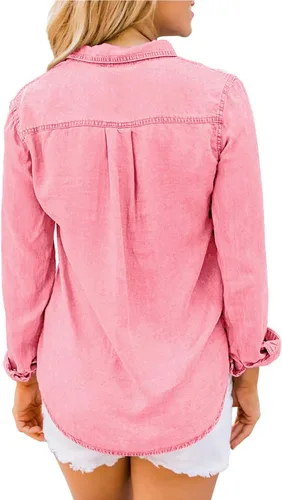 Vista 2 de luvamia Camisa vaquera de chambray para mujer, camisas occidentales de manga larga con botones