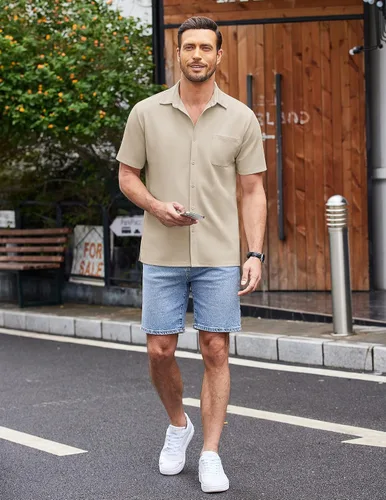 Vista 4 de COOFANDY Camisas casuales con botones para hombre, manga corta, ajuste regular, camisa de playa