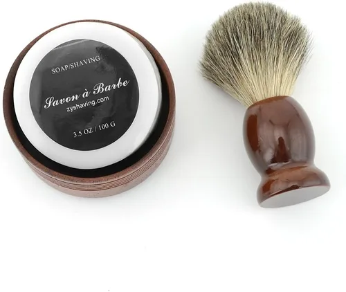 Vista 4 de Grandslam Cepillo de afeitar de pelo de tejón puro, taza de madera natural, juego de peluquero de jabón hecho a mano