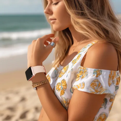 Vista 5 de Paquete de 2 correas de bambú grabadas casuales compatibles con Apple Watch Band de 1.496 in 1.575 in 1.614 in 1.654 in 1.732 in 1.772 in 1.929 in