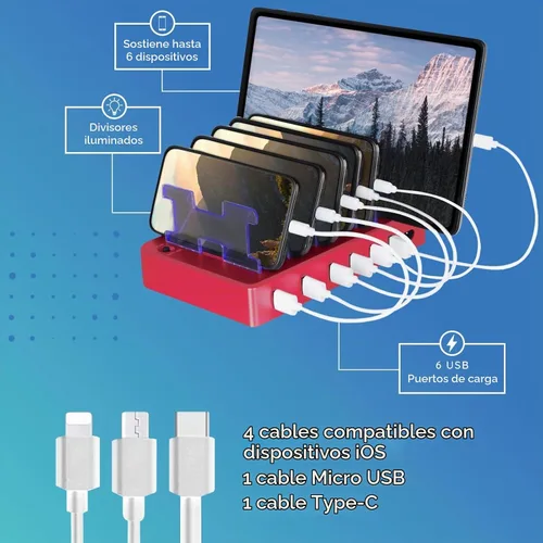 Vista 3 de Estación de carga para múltiples dispositivos – Base de carga USB de 6 puertos para Apple y Android – Organizador de carga múltiple rápida