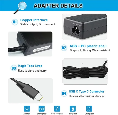 Vista 3 de Adaptador de cargador USB-C tipo C de 65W 45W para Acer Chromebook Spin 15 13 11 315 713 311 314 R13 CB315 CP315 CP311 CB311 CP713 C933 CB5-312