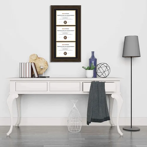 Vista 2 de Marco de tres certificados de 14 x 29 pulgadas con paspartú doble negro sobre dorado para (3) diplomas/grados de 8.5 x 11 pulgadas, ganchos