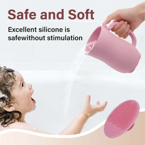 Vista 5 de mandoo Taza de enjuague de baño para bebés, silicona de grado alimenticio, taza de enjuague para champú y lavado corporal para niños con mango