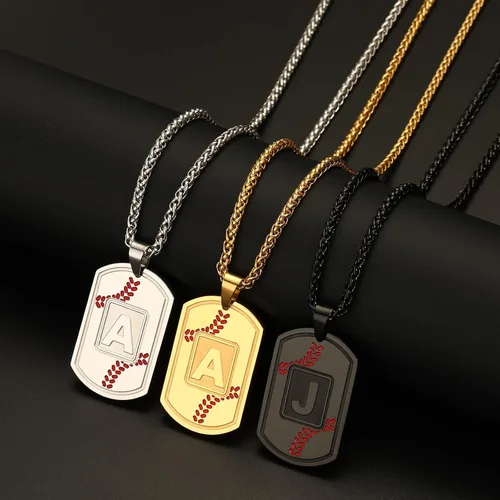 Vista 5 de Fervia Graduation Gifts - Baseball Initial Necklace for Men Dog Tag Stainless Steel Letter Pendant Sport Baseball Athletes Jewelry Christmas