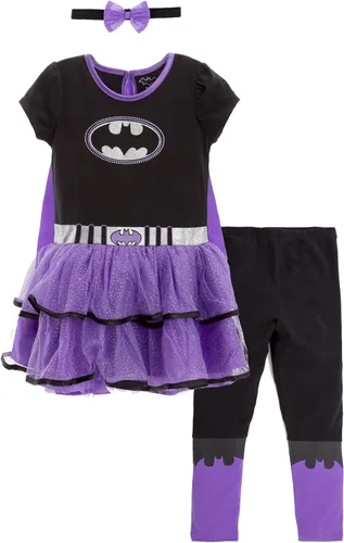 Vista 3 de DC Comics Justice League Supergirl Batgirl Costume Dress Leggings Cape and Headband 4 Piece Set Newborn to Big Kid