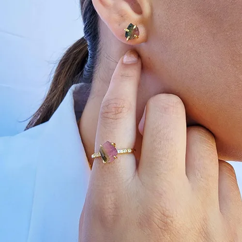 Vista 13 de Aretes de piedra preciosa natural en bruto con oro amarillo sobre plata de ley 925, 6 a 0.276 in, regalo de piedra de nacimiento de calidad genuina