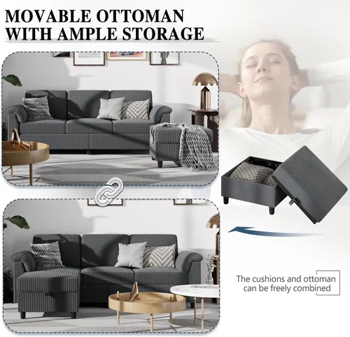 Vista 6 de Sofás seccionales para sala de estar, sofá en forma de L con bolsillo lateral de almacenamiento, cómodos sofás de 3 asientos para apartamento, gris