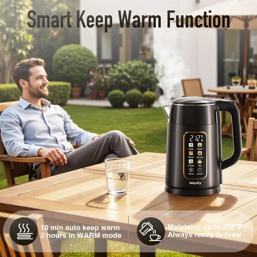 Vista 4 de Mecity Hervidor eléctrico de 1.7L con pantalla táctil de control de temperatura, sin contacto de plástico con agua. 6 programas de temperatura