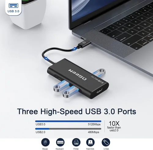 Vista 5 de USB C Hub, Adaptador QGeeM de USB 4k a HDMI, Dongle USB-C 7 en 1 con 100W PD, USB 3.0, Lector de Tarjetas, Compatible con MacBook, iPhone 15/17