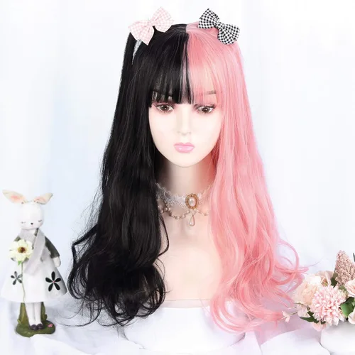 Vista 7 de Peluca larga de cosplay de 24 pulgadas, medio negro, medio rosa, con flequillo, ondulado, Harajuku, linda fiesta diaria, para mujeres y niñas