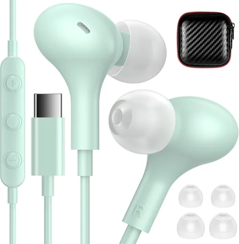 Vista 16 de Auriculares USB C para Apple/iPhone Duo 18 17 16 15 auriculares con cable con funda Blanco