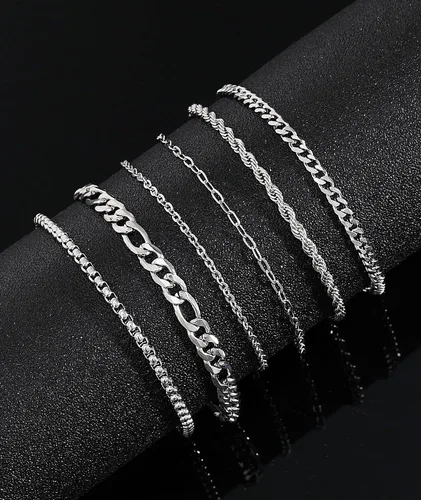 Vista 6 de Honsny 6PCS Stainless Steel Chain Bracelets Set for Women Men,14K Gold Plated Dainty Link Paperclip Curb Chain Bracelet,Gold Silver Layered Bracelet