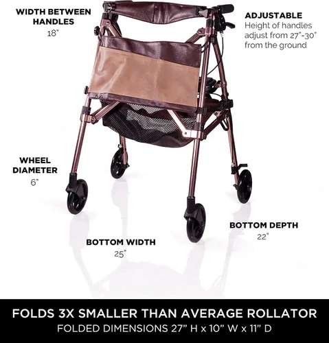 Vista 2 de Signature Life Elite Travel Rollator Short Junior plegable y ligero de cuatro ruedas con asiento para adultos, personas mayores y ancianos, pequeña
