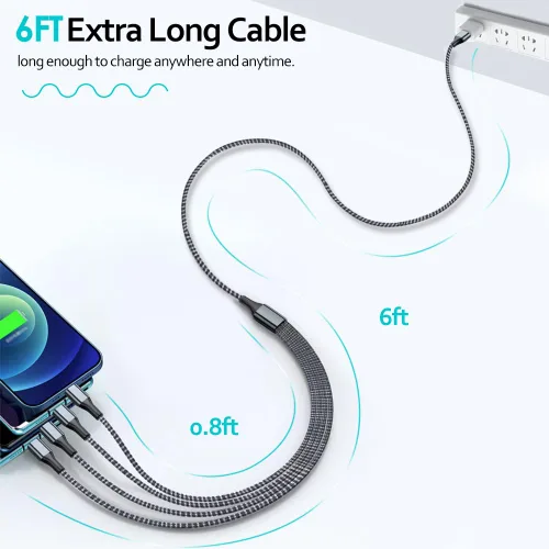 Vista 2 de Puxnoin Cable de carga múltiple de 6 pies, paquete de 2 cables de carga múltiple 4 en 1, cable universal de carga rápida USB múltiple con tipo C