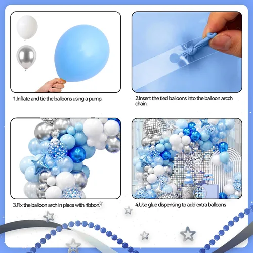 Vista 7 de FunHot Kit de arco de globos azules y plateados, kit de guirnalda de globos de color azul metálico y blanco plateado con globos de aluminio