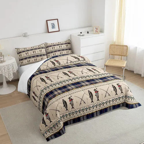 Vista 4 de Erosebridal Juego de edredón con temática de pesca, juego de ropa de cama rústica de granja tamaño individual para niños, adolescentes y adultos