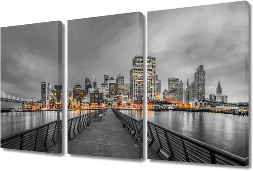 Vista 75 de TUMOVO 3 paneles de paisaje urbano en blanco y negro de Estados Unidos, arte de pared, famoso puente Golden Gate, San Francisco por la noche