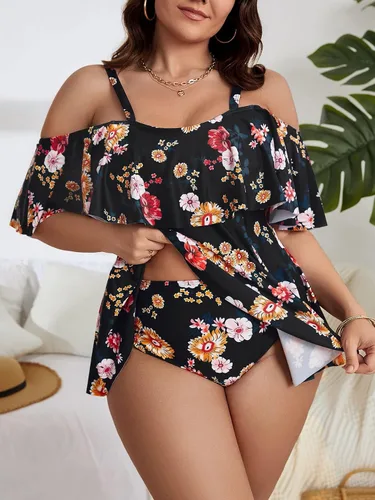 Vista 2 de SOLY HUX Traje de baño tankini de 2 piezas para mujer, talla grande, estampado floral, hombros descubiertos, ribete de volantes, traje de baño, Azul