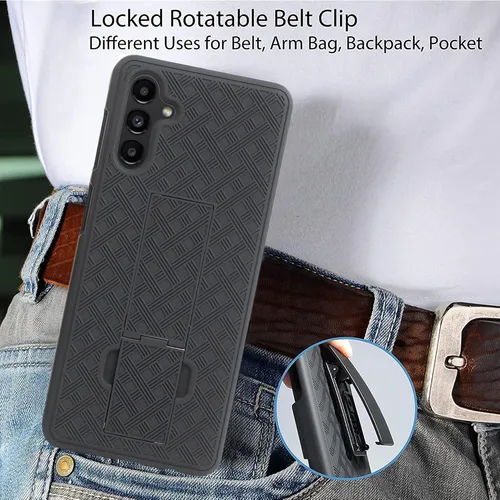 Vista 6 de Diseñado para Samsung Galaxy A13 5G, con funda delgada de vidrio templado, funda resistente con soporte integrado + clip giratorio para cinturón