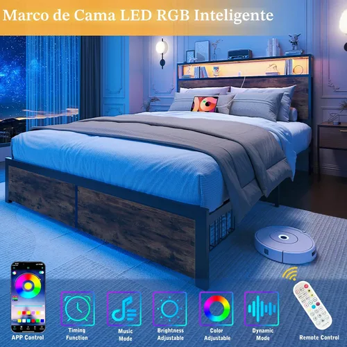 Vista 6 de Base de cama matrimonial con estación de carga, luces LED, 2 cajones Marrón rústico