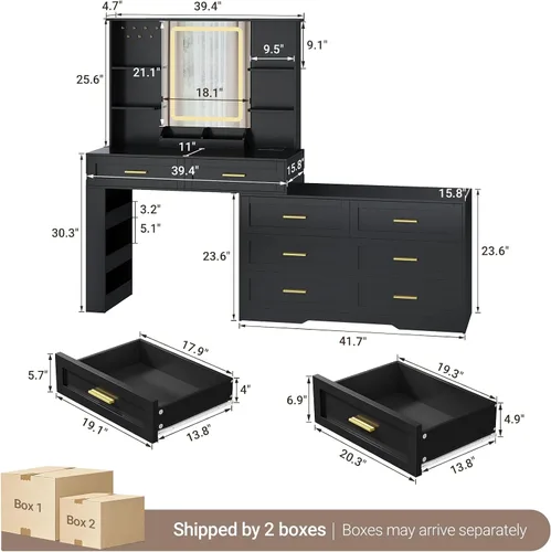 Vista 3 de ELYKEN Tocador de maquillaje con cómoda, escritorio de tocador con estación de carga y espejo iluminado para dormitorio, mesa de tocador