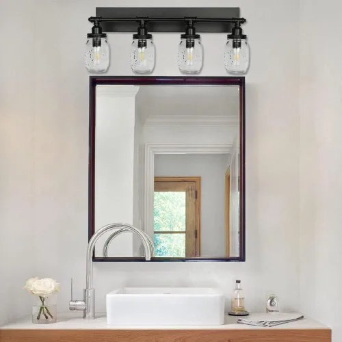Vista 4 de Lámpara de pared para baño, lámpara industrial de tarro de masón, aplique de pared con acabado negro (3 luces)