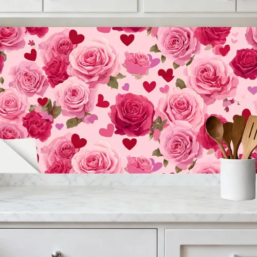 Vista 4 de Papel tapiz autoadhesivo para el día de San Valentín, diseño de rosas, diseño de corazón rosa floral, para decoración de pared de dormitorio, baño