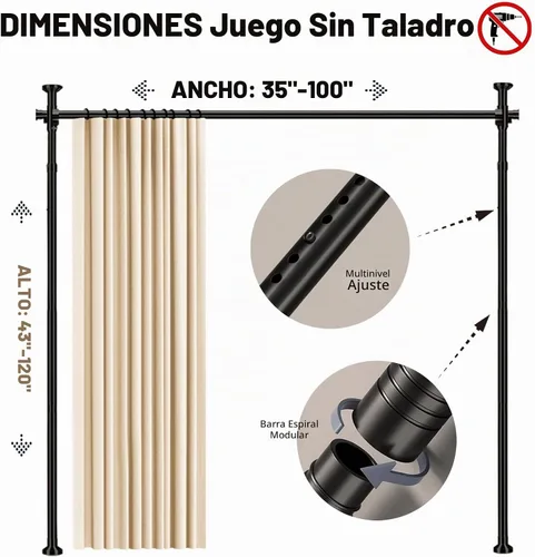 Vista 2 de Juego de cortinas divisoras de habitación, sin taladro, con barra retráctil, sin herramientas, para dormitorio, color beige, 100 pulgadas de ancho x
