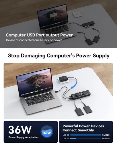 Vista 4 de Wenter Hub USB alimentado, concentrador divisor USB de 10 puertos 3.0 con interruptores LED individuales de encendido/apagado y adaptador USB A-C