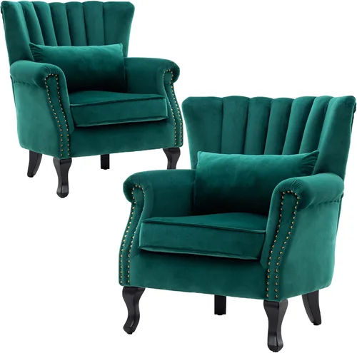 Vista 9 de Juego de 2 sillas decorativas modernas de mediados de siglo, sillón de tela de lino con respaldo acolchado/patas de madera, sillón de descanso