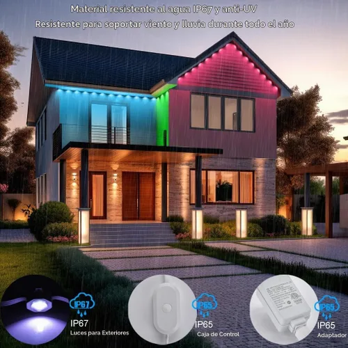 Vista 5 de Rosykite Luces de Navidad al Aire Libre - 50 pies de luces inteligentes RGB+IC para canalones con 63 escenas, impermeables IP67, control de voz