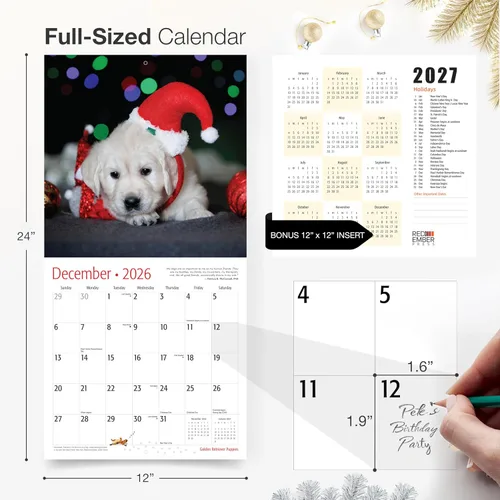Vista 5 de RED EMBER Golden Retriever Puppies - Calendario de pared 2026 de 12 meses 12 x 24 pulgadas abierto Papel grueso y resistente Regalo
