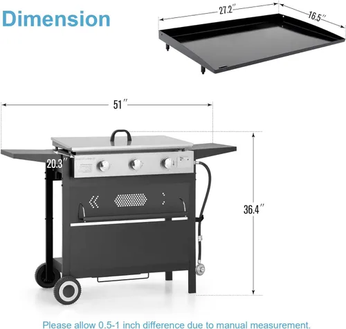 Vista 7 de GREEN PARTY - Parrilla de gas propano de 3 quemadores con carro de pie extraíble, convertible a diseño de mesa, parrilla plana de 27 pulgadas