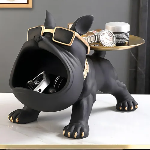 Vista 8 de Estatua de bandeja de bulldog francés de resina Huhote, plato de caramelos y llavero de bulldog, accesorios de bulldog francés, estatuas