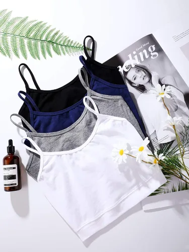 Vista 7 de Paquete de 4 camisetas cortas sin mangas para mujer, con tirantes delgados, camiseta corta básica deportiva, media camisola para adolescentes y niñas