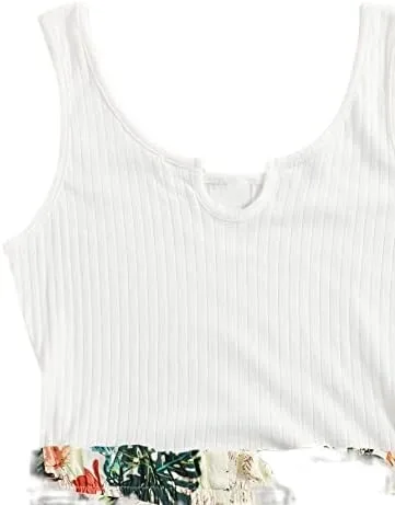 Vista 3 de SHENHE Enterizo sin mangas para mujer, con cuello con muescas, cinturón, estampado tropical, pantalones cortos de verano