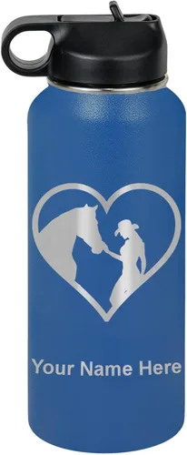 Vista 50 de LaserGram Botella de agua personalizada, corazón de vaquera de caballo, acero inoxidable de doble pared aislada al vacío con popote superior, regalo