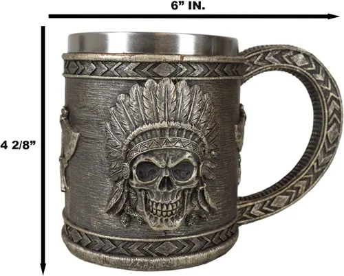 Vista 2 de Ebros Gift Nativo americano indio tribal jefe guerrero cráneo con águila cucaracha tocado y doble hacha cruzada taza de café taza de bebida jarra