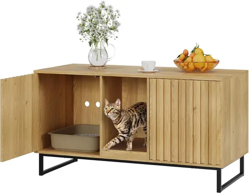 Vista 11 de Caja de arena para gatos para 2 gatos, caja de arena de 47.6 pulgadas, muebles ocultos con almohadilla para rascar, armario grande para habitación