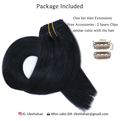 Vista 5 de Extensiones de cabello con clip Ubetta de cabello humano real, extensiones de cabello negro azabache con clip, 7 piezas, 70 g, extensiones