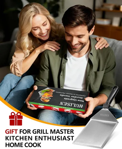 Vista 8 de HULISEN Espátula grande de acero inoxidable para parrilla, espátula de metal resistente de 6 x 5 pulgadas con bordes de corte, accesorios